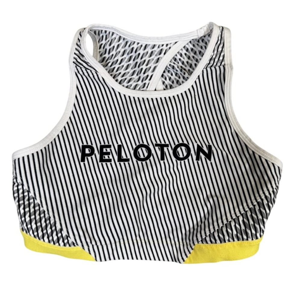 Peloton x WITH Womens Striped High Neck Sports Bra Black White Yellow Small